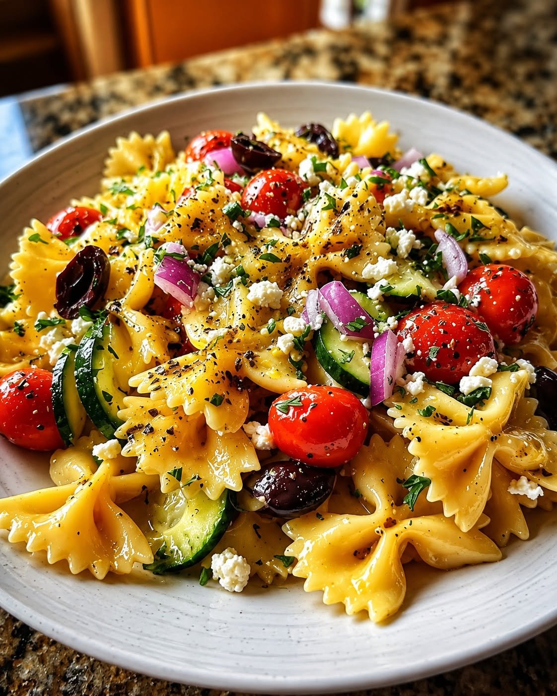 Mediterranean-style bowtie pasta salad vinaigrette.
