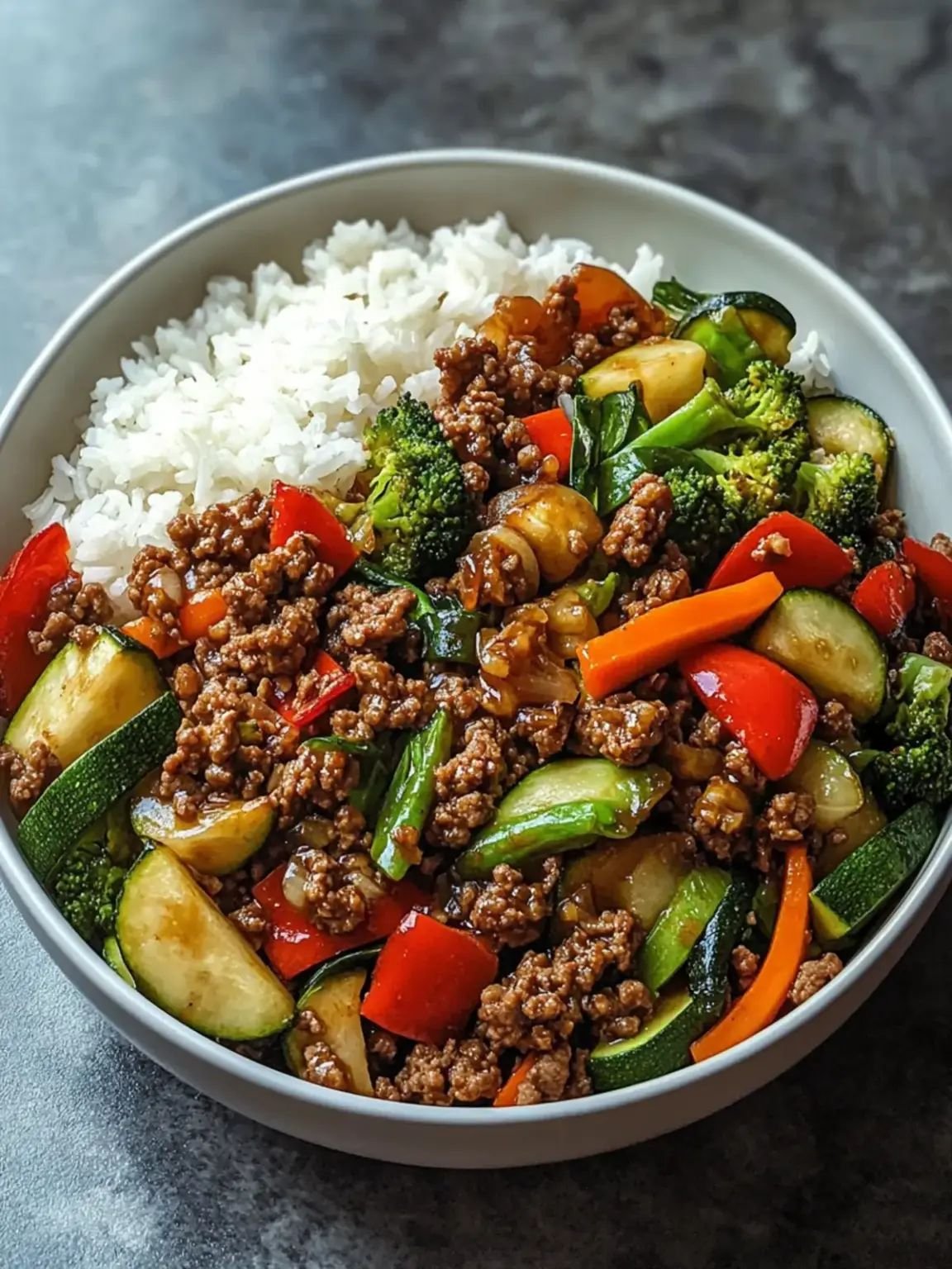 Spicy Ground Beef Stir-Fry Bowl with Garlic Veggies Delight
