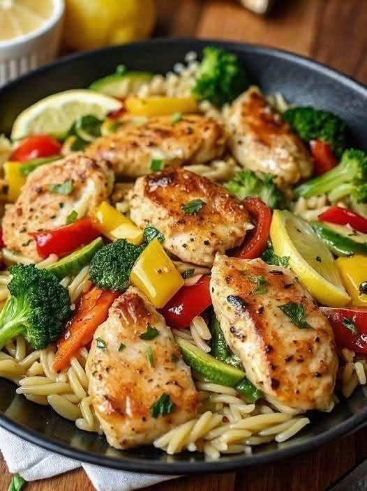 Lemon Garlic Chicken Orzo Skillet