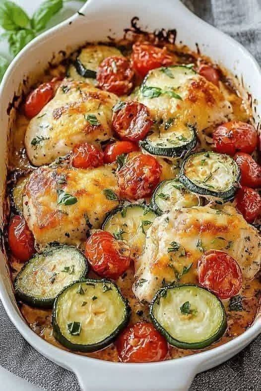 Baked Garlic Parmesan Chicken with Zucchini & Cherry Tomatoes
