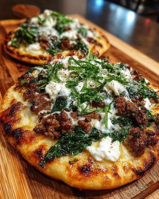 Garlic Butter Ground Beef Flatbread with Whipped Feta, Spinach & Sweet Heat Honey