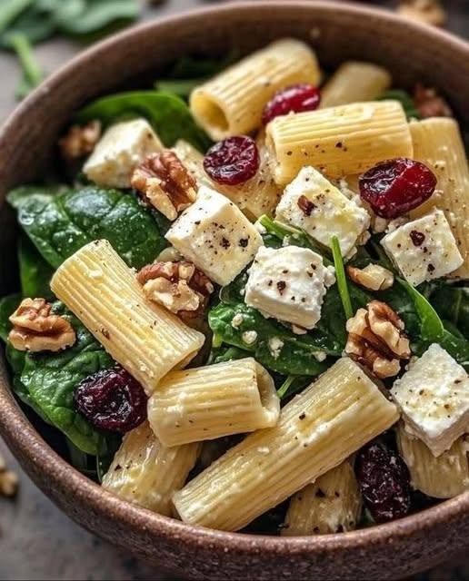 Spinach Feta Pasta Salad with Cranberries & Walnuts