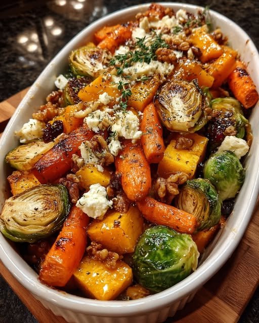 Caramelized Butternut Squash, Carrots, Brussels Sprouts, and Sweet Potato with Feta, Walnuts, and Cranberry-Honey Glaze