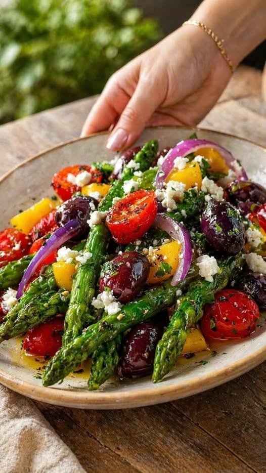 Mediterranean Roasted Asparagus Salad with Tomatoes, Olives & Feta