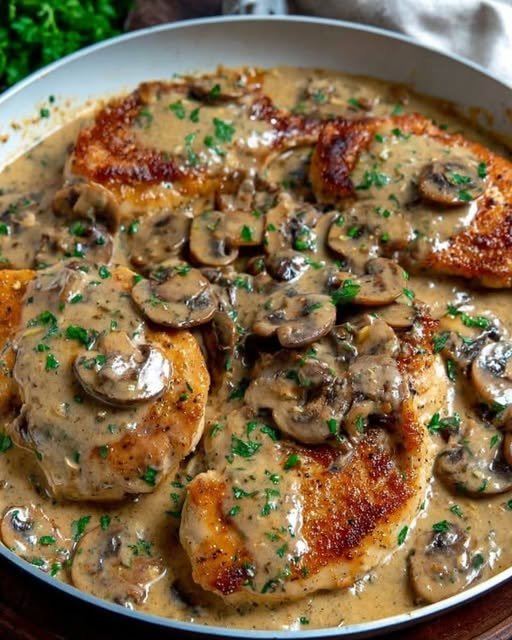 Chicken and Mushroom Skillet in a Creamy Asiago and Mustard Sauce