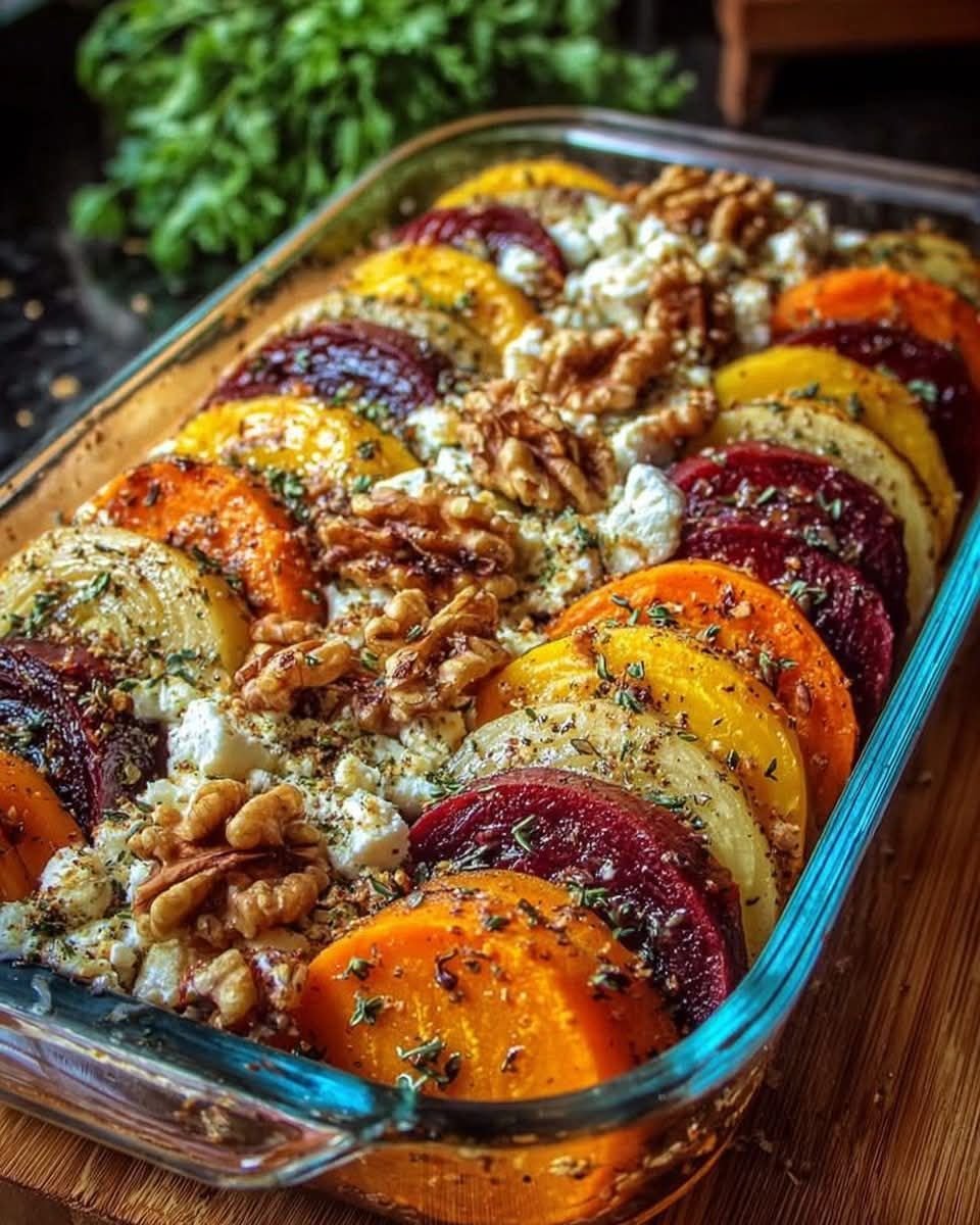 Mediterranean Layered Beet, Sweet Potato & Feta Gratin with Walnuts