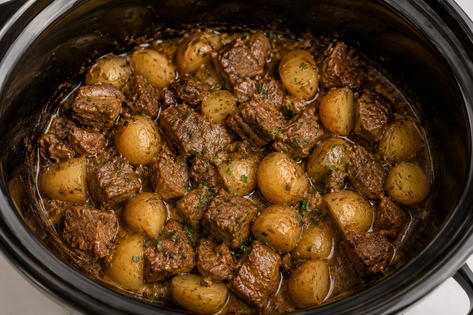 Slow Cooker Garlic Butter Beef Bites & Potatoes