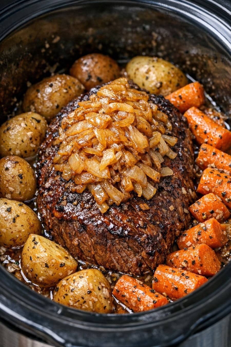 Toss whole raw, unpeeled onions in the slow cooker